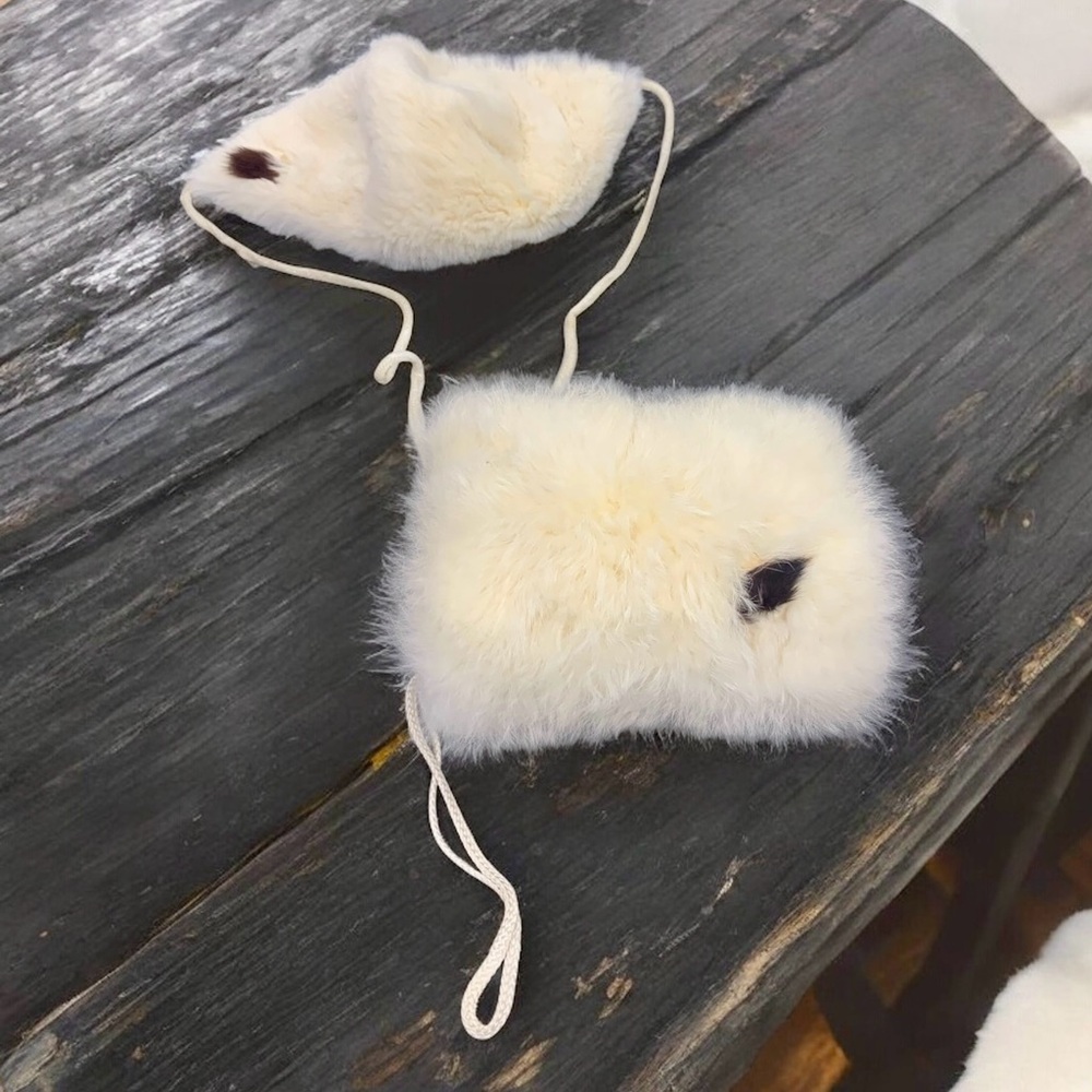 Vintage Real Fur Cream Hand Warmer and Mask Set